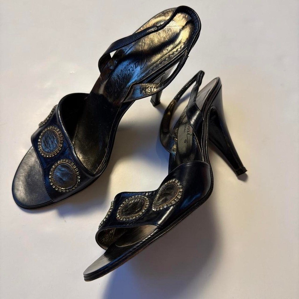 Garolini Italian Leather Black Silver Slingback Peep Toe Heels Size 6M Italy